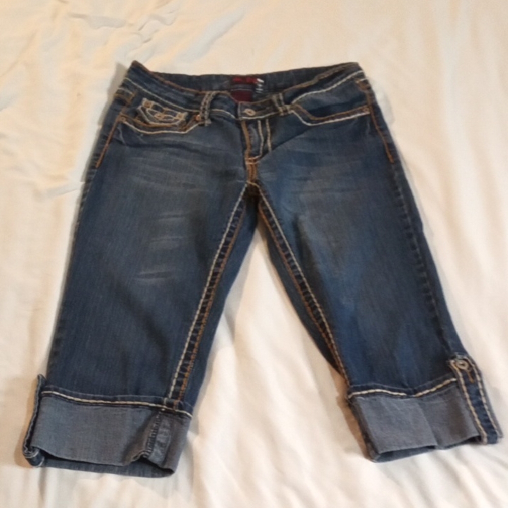 Nina Rossi Blue Cropped Jeans with Rolled Button Strapped Hems Size 7